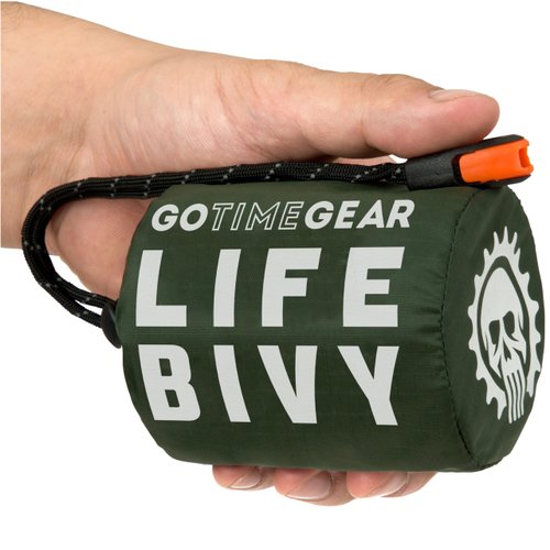 Go Time Gear Life Emergency Bivy Sack - Thermal Survival Tent and Sleeping Bag Bivvy for Blanket, Shelter & Camping Use - Pack of 1 with Whistle - Green