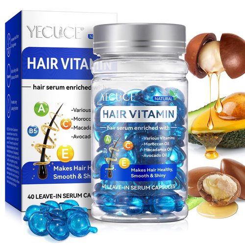 Hair Vitamin Serum Capsule for Frizzy & Dry Hair,Hair Treatment Oil No Rinse with Vitamins A C E Pro B5,Moroccan Macadamia Avocado oil,Repair Damaged Hair,Hair Moisturizing,Smooth & Shiny,3.35 OZ