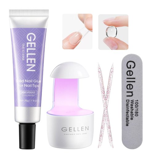 Gellen Solid Nail Glue Gel for Press On Nails, 30g Nail Glue Set with UV Light for Acrylic Fake Nails,Solid Builder Gel for Nail Strengthen for Starter Nail Art Kit DIY Home