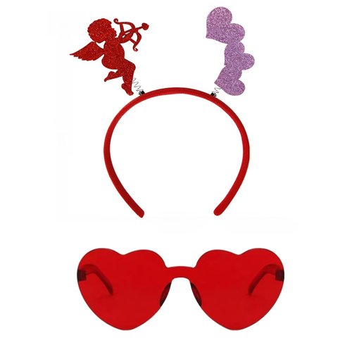 fjygwx13 Valentines Day Heart Headband and Heart Shape Sunglasses,Cupid Costume Accessories Head Boppers Party Props Holiday
