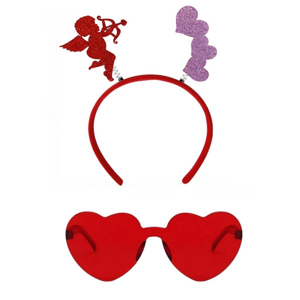 fjygwx13 Valentines Day Heart Headband and Heart Shape Sunglasses,Cupid Costume Accessories Head Boppers Party Props Holiday