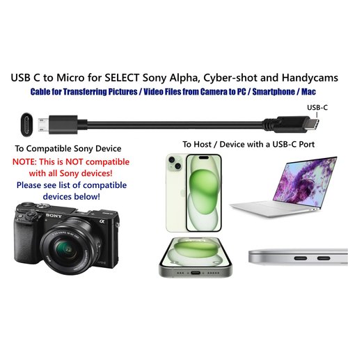 USB C to Micro File Transfer Cable for Sony Alpha 6000, 7, 68, 5000, 5100, 6300, 6500, 77II, 7IIK, 99II, for Select Alpha, Cyber-shot, Handycam & Action Camera (See Compatibility Table Before Buying)