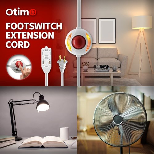Otimo Lighted Foot Switch Extension Cord with 3 Outlets, 9 Feet, White