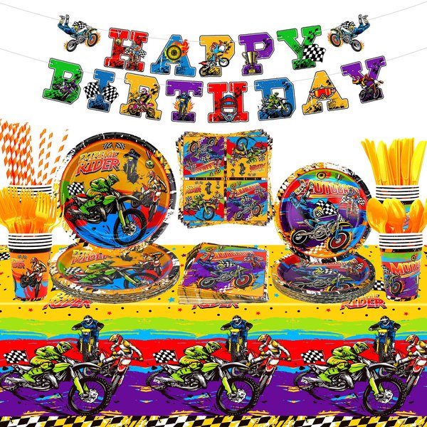 Dirt Bike Birthday Party Supplies, Includes Happy Birthday Banner, Plate, Napkin, Cups, Tablecloth, for Kids Boys Girls Motorcycle Extreme Sports Birthday Decorations Serve 20