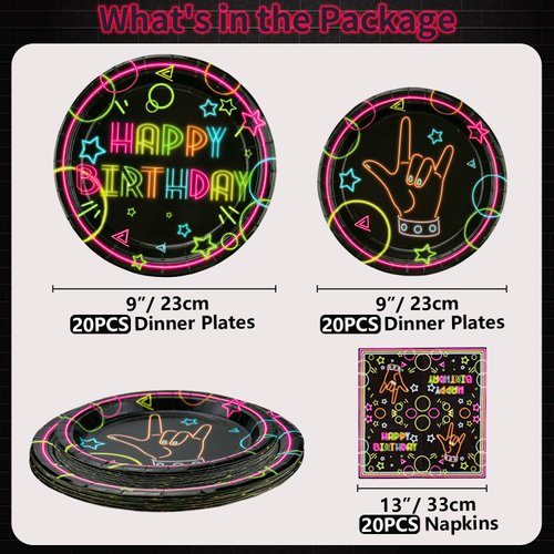XJLANTTE Glow Neon Party Supplies - Glow in the Dark Happy Birthday Plates and Fluorescent Napkins for Blacklight Neon Party Decorations, Serves 20 Guests (1)