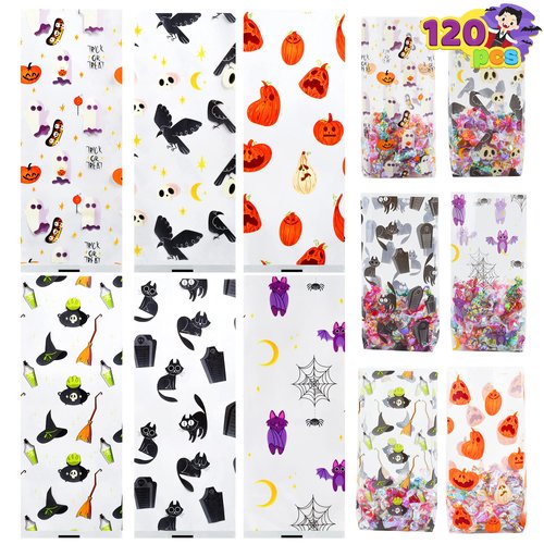 JOYIN 120 Pcs Halloween Cellophane Treat Bags, Halloween Trick or Treat Bags, Clear Plastic Goodie Gift Bags, Halloween Candy Bags for Party Favor Party Supplies
