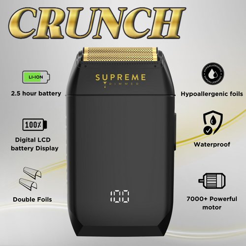 Supreme Trimmer Crunch Mens Foil Shaver STF602 | 150 Minute Run Time Men's Electric Razor | Waterproof Shaver for Short Hair or Stubble, Barber Use | Black