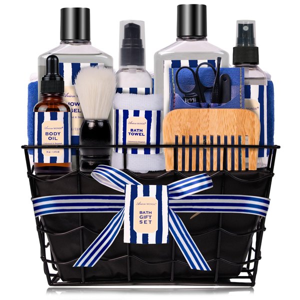Gifts for Men, Bath and Body Gift Sets for Men with 10 Pcs Cedar & Bergamot Spa Gifts for Men, Bath Sets Includes Shower Gel, Bubble Bath, Body Mist and More. Perfect Father's Day Gifts for Men