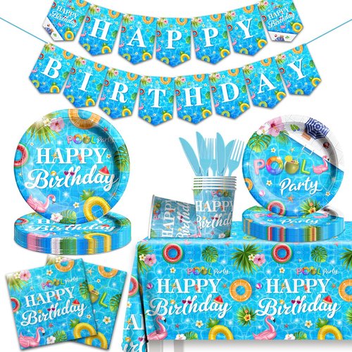 142 Pieces Pool Birthday Party Supplies - Summer Pool Tableware Set Birthday Dining Plate, Tablecloth for Summer Pool Birthday Party, Hawaii Holiday Decorations