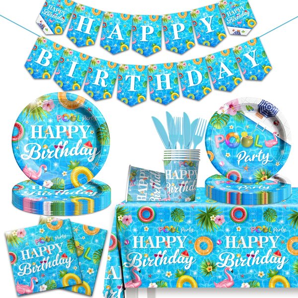 142 Pieces Pool Birthday Party Supplies - Summer Pool Tableware Set Birthday Dining Plate, Tablecloth for Summer Pool Birthday Party, Hawaii Holiday Decorations