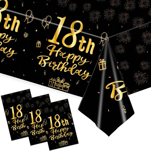 TMIYO 3 Pcs 18th Birthday Tablecloths, Black and Gold Birthday Decorations Table Cloths, Plastic Table Cover 108 x 54 Inch Rectangular Cloths for Parties Supplies
