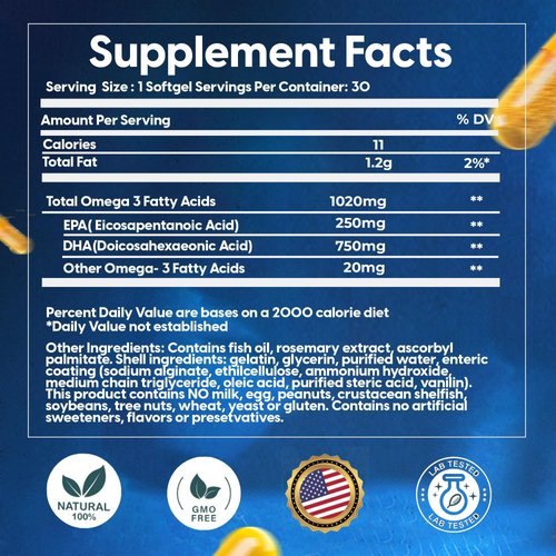 Fish Oil Omega 3 Supplements - Premium Burpless Maximum Concentrated Fish Oil Supplement, Ultra Strength DHA & EPA Omega 3, Natural Fish Gelatin Capsules in Blister (1 Month Supply)