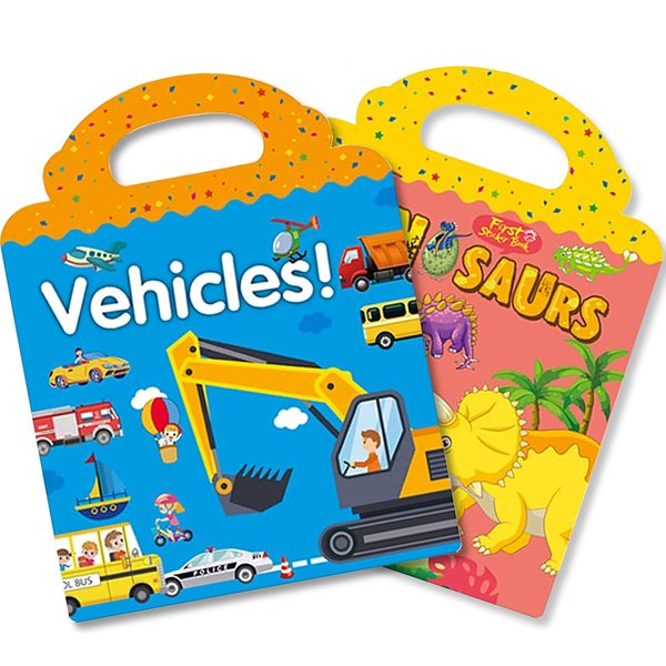 Reusable Sticker Book for Kids 2-4, 2 Sets Vehicle & Dinosaur Sticker Busy Book Educational Learning Toys Travel Stickers Quiet Activity Books for Toddler Age 2+ Birthday Gifts