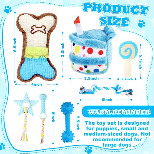 RoundFunny 23 Pcs Dog Birthday Party Supplies Dog Birthday Toy Set Dog Birthday Cake Teething Toys Squeak Toy Interactive Dog Toys Dog Birthday Decorations with Box for Puppy Small Medium Dogs(Blue)