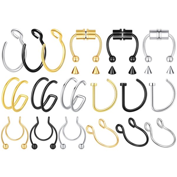 Velcare 18 Pcs Nose Rings Hoops Fake Nose Ring Nose Piercings Hoop Nose Rings for Women Men Double Nose Ring Hoop Magnet Magnetic Septum Nose Ring Piercing Lip Rings Cartilage Hoop Earring Fake Septum