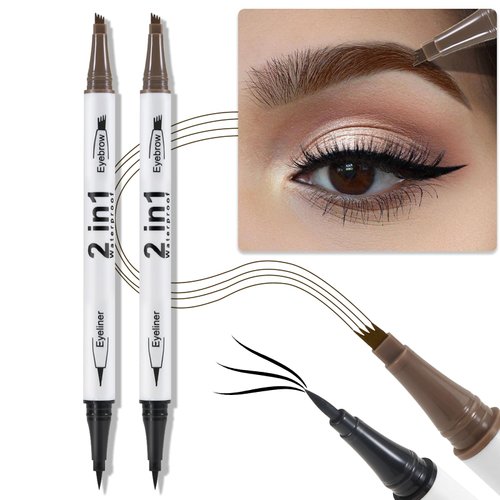 Erinde 2PCS Waterproof Microblading Eyebrow Pen, 4 Fork Tip 3D Eyebrow Contouring Tattoo Pencil, 2-in-1 Dual-Ended Eyebrow Tint Eyeliner, Last All-Day, Create Natural-Looking Brows, Dark Brown