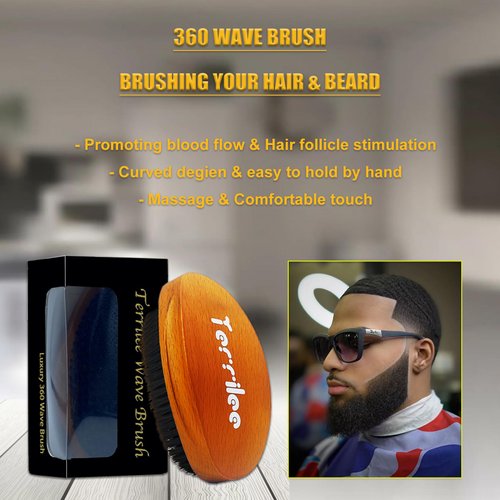 Terrilee Palm Wave Brush for Men 360 -Beech & Medium Hard Boar Bristle Wave Brush - Curved Wave Brush for Men 360 Wave Brush for Black Men - Wave Hair Brush Palm Wave Brush 360 (Light brown)