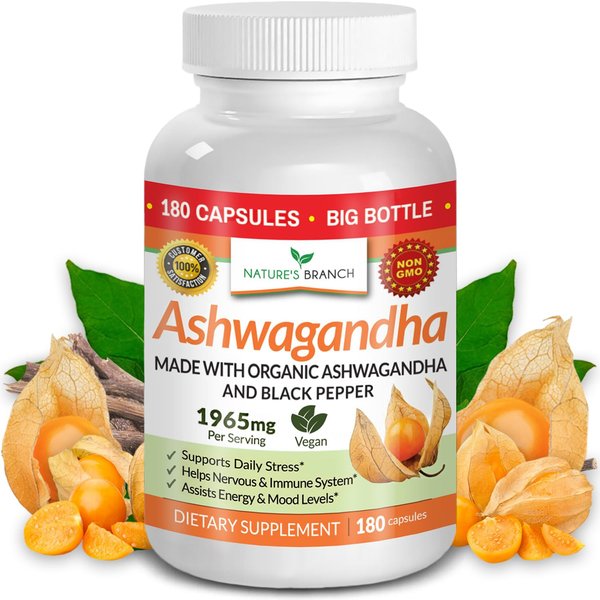 UDAF Certified Organic Ashwagandha with Black Pepper - 180 Capsules - 1965mg Extra Strength for Stress, Sleep, Mood, Thyroid, Focus, Hair, Vegan Pure Root Extract Powder - Men and Women Supplements