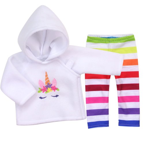 Sophia's White Fleece Hoodie with Embroidered Unicorn Face and Rainbow Striped Leggings for 15 Inch Baby Dolls, Multicolor
