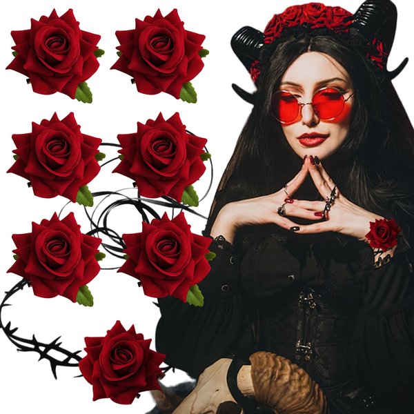 BASEMMAHER 7Pcs Red Rose Hair Clips with Gothic Black Red Rose Flowers Choker Necklace for Women Girls Floral Hairpin Brooch Pins Hair Barrette Hair Accessories for Bridal Halloween Cosplay Prom Party