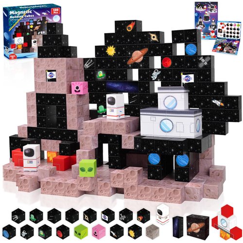 Goody King 100PCS Space Rocket Magnetic Building Blocks |Space Adventure Magnetic Tile Set, STEM Montessori Stacking Toy, Building Playsets for Boys and Girls Ages 3-10,Sensory Tile Building Christmas