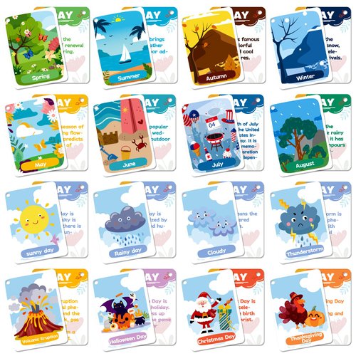 34PCS Season Cognitive Flash Cards for Kids,Cognition Season Flashcards,Waterproof Flashcards for Children, Month Learning Flash Card for 3+ Years