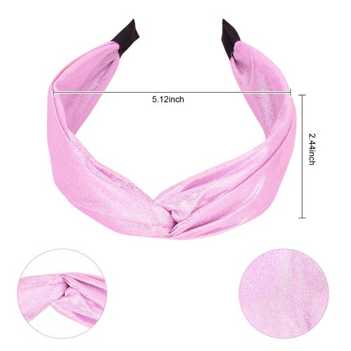 GAFATORY Glitter Bow Headbands for Women Fashion Metallic Pink Knotted Headbands for Womens Wide Glitter Hair Band for Girls Shiny Hair Accessories for Daily