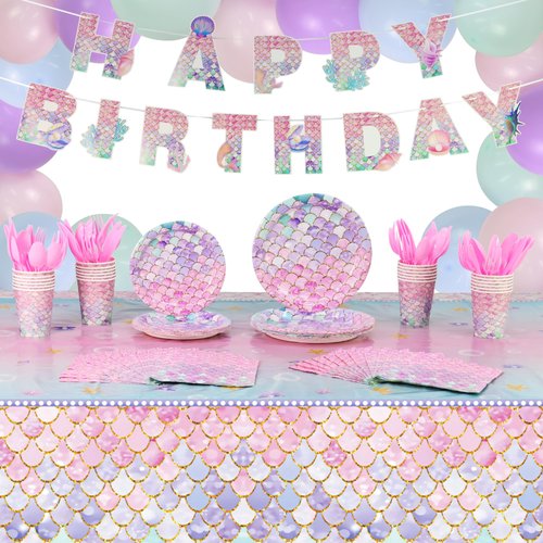 191 Pcs Mermaid Birthday Decorations Mermaids Themed Party Supplies. Including Plate, Napkin, Cup, Table Cloth, Happy Birthday Banner, Balloons, Knife Fork and Spoon for Girl Birthday Party Decor