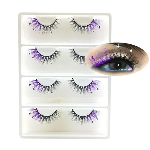 Glitter Eyelashes Moon Star Sequins Rhinestone Purple Coloured Wispy False Lashes 4 pairs for Ball, Dance, Party, Games(Purple Moon&Star)