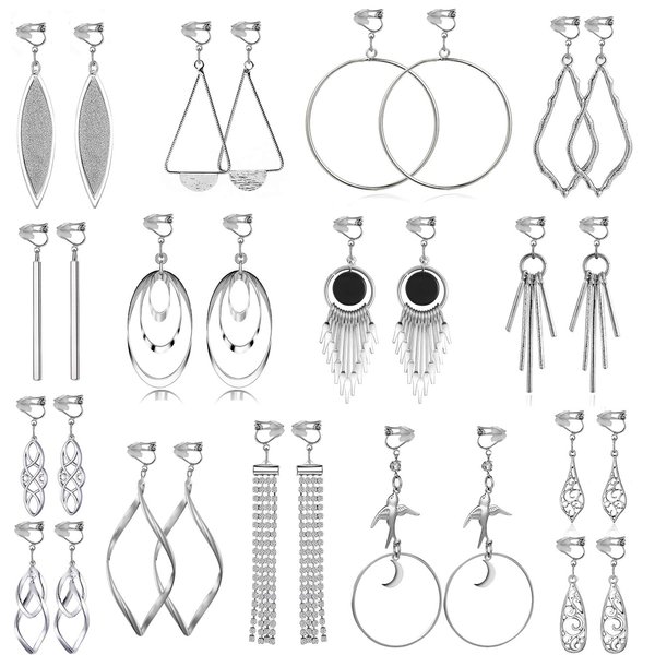 15 Pairs Wholesale Clip on Earrings for Women Fashion-Celtic Knot Earrings,Long Bar Earrings,Tear Drop Earrings Clip on Hoop Earrings for Women-Clipon Earrings for Women and Teen Girls