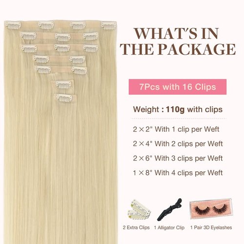 GOO GOO Clip in Hair Extensions Real Human Hair, 16inch 110g 7Pcs, 60A Platinum Blonde, Remy Human Hair Extensions Clip ins for Women, Natural Human Hair
