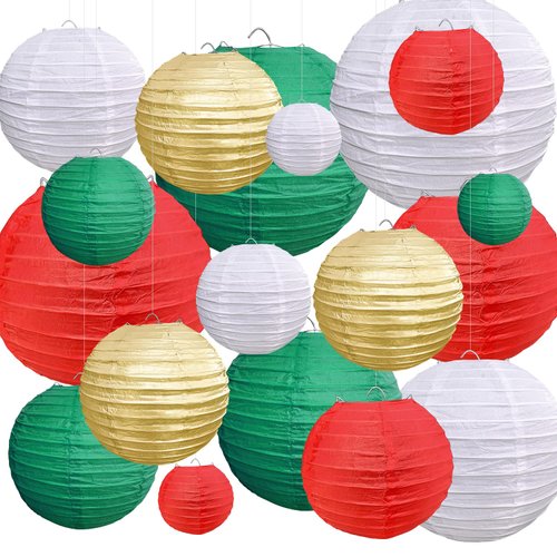 PheiLa 18 Pcs Christmas Paper Lantern Set Red Green White Gold Hanging Paper Lantern Decorations for Wedding Birthday Bridal Baby Shower Graduation Christmas Party Supplies