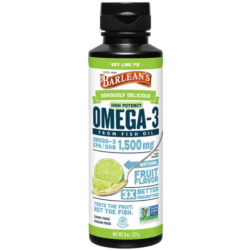 Barlean's Key Lime Pie High Potency Omega 3 Fish Oil Liquid Supplement, 1500mg of EPA& DHA Fatty Acid, Smoothie Flavored & Burpless for Brain, Joint, & Heart Health, 8 oz