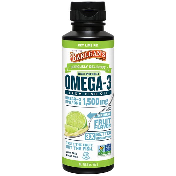 Barlean's Key Lime Pie High Potency Omega 3 Fish Oil Liquid Supplement, 1500mg of EPA& DHA Fatty Acid, Smoothie Flavored & Burpless for Brain, Joint, & Heart Health, 8 oz