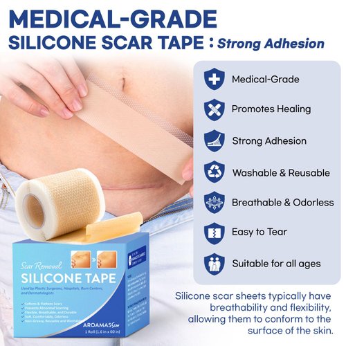 Aroamas Scar Silicone Scar Sheets – Silicone Scar Tape – 1.6"x60" for Softening and Flattening Scars, C-Section, Keloid, Surgery – Reusable & Washable – Painless Removal – 3-4 Month Supply