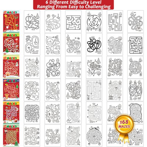 Wiooffen 168 Pages Christmas Maze Books for Kids Ages 3-8, 6-Pack- 6 Beginner Level Kids Activity Books Busy Books -Christmas Stocking Stuffer Gifts Children Amazing Maze Games Birthday Gifts Supplies