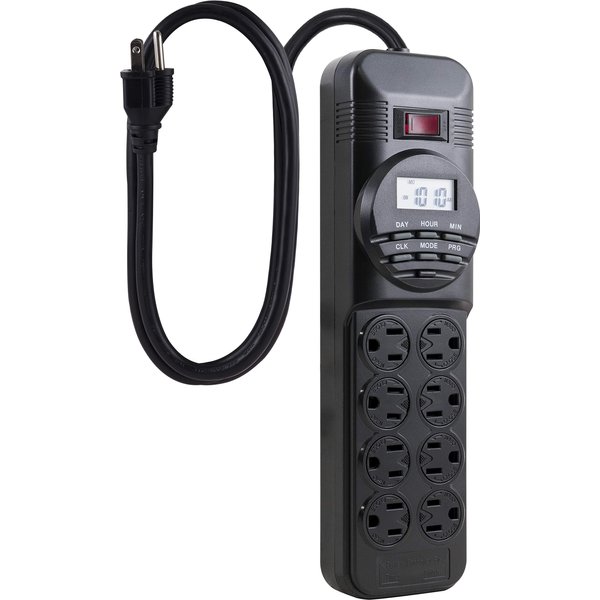 GE 7-Day Programmable Power Strip with Digital Timer, 8 Grounded Outlets (4 Timed / 4 Always On), Indoor, 15 Amp, 1800W, Easy Presets and Custom Settings for Weekly Cycle, Minute Intervals, 15077 Black