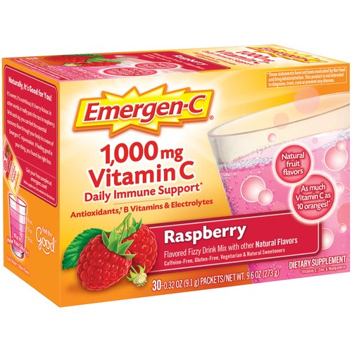 Emergen-C 1000mg Vitamin C Powder, With Antioxidants, B Vitamins And Electrolytes, Immunity Supplements For Immune Support, Caffeine Free Fizzy Drink Mix, Raspberry Flavor - 30 Count/1 Month Supply