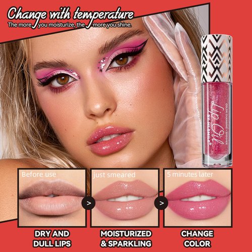 Qawnfy 2 Colors Boss Up Color Changing Lip Oil, Shimmering Temperature Color Changing Lip Gloss Tinted Lip Stain, Long Lasting Nourishing Moisturizing Lip Glow Oil for Lip Care and Dry Lips (02#&03#)