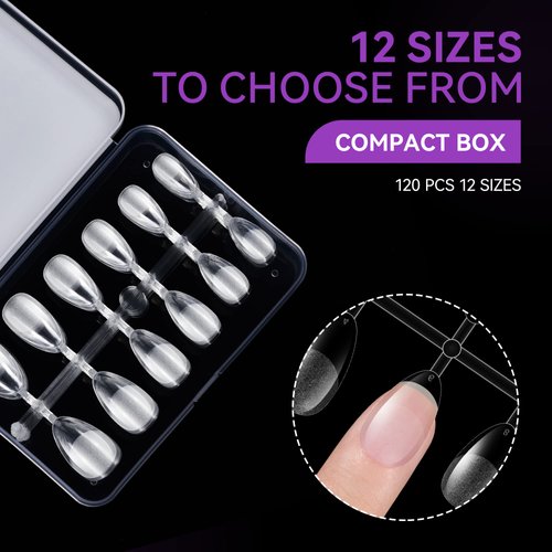 Gelike ec Short Almond Nail Tips: 120PCS Soft Gel Tips for EXTRA Short Almond Shaped Full Cover Gel X Nail Tips Pre Etched - PMMA Resin Clear False Nails 12 Sizes