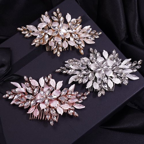 Missgrace Handmade Women Bridal Wedding Rose Gold Rhinestones Flower Side Hair Comb Special Occasion Headpiece Gold Silver Hair Accessories for Women (Rose Gold)