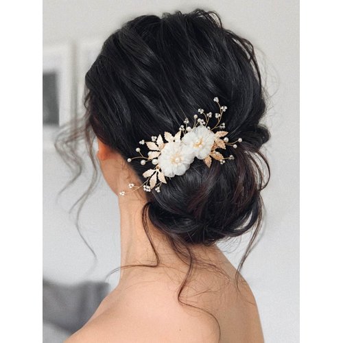 SWEETV Flower Bride Wedding Hair Comb Pins Pearl Bridal Hair Pieces Leaf bridal Hair Accessories Hair Clip Bride Side Combs Wedding Hair Accessories for Brides Women and Girls Party Prom Gift
