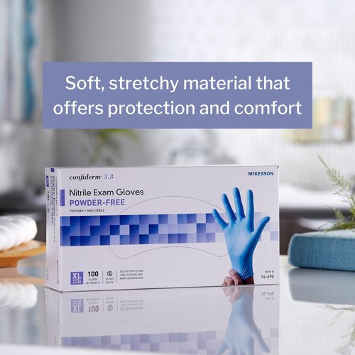 McKesson Confiderm 3.8C Nitrile Exam Gloves, Non-Sterile, Powder-Free, Blue, XL, 100 Count, 1 Box