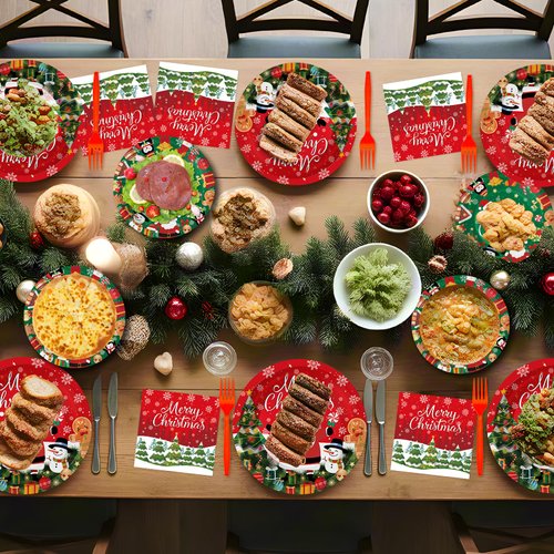 100 Pcs Merry Christmas Plates and Napkins Sets - Cute Winter Christmas Round Tableware, Disposable Christmas Paper Plates and Napkins Forks for Christmas Party Supplies Favors Table Decor, Serves 25