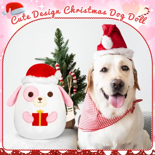Mowatusy Christmas Plush - White Puppy Stuffed Animal Dog Toy and Santa Hat,Cute Christmas Stuffed Animals Party Decor,Christmas Birthday Gifts for Kids,Boys,Girls