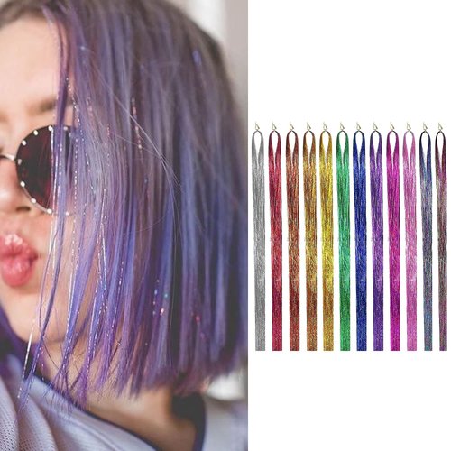 Tinsel Hair Extensions Colorful for Women and Girls 2600 Strands 47 Inch Sparkling Shiny Glitter Hair Extensions Mixed 12 Colors for Halloween Party