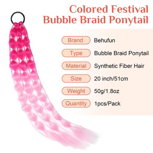 Behufun Colored Hair Extensions, 20" Lightweight Colored Hair Extensions for Kids Bubble Ponytail Extension with Hair Tie, Ombre Crazy Hair Day Accessories for Girls for EDC Festival Rave B40