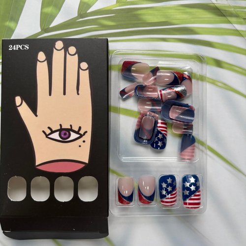 4th of July Press on Nails Independence Day Fake Nails Short Square False Nails with Blue Glitter Designs Nude Glue on Nails French Tip Stick on Nails Full Cover Acrylic Nails Glossy Artificial Nails