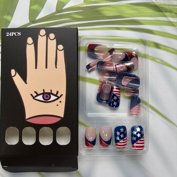 4th of July Press on Nails Independence Day Fake Nails Short Square False Nails with Blue Glitter Designs Nude Glue on Nails French Tip Stick on Nails Full Cover Acrylic Nails Glossy Artificial Nails