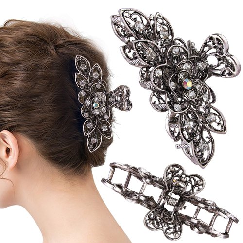 CROWN GUIDE Fancy Hair Claw Jaw Clips Pins For Womens, Vintage Rhinestone Crystal Flowers Hair Barrette for Thick Hair Accessories White Silver